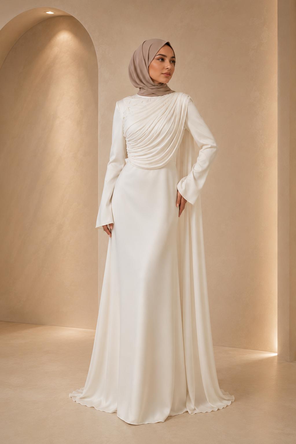 Nour | White Pleated Long Sleeve Modest Dress