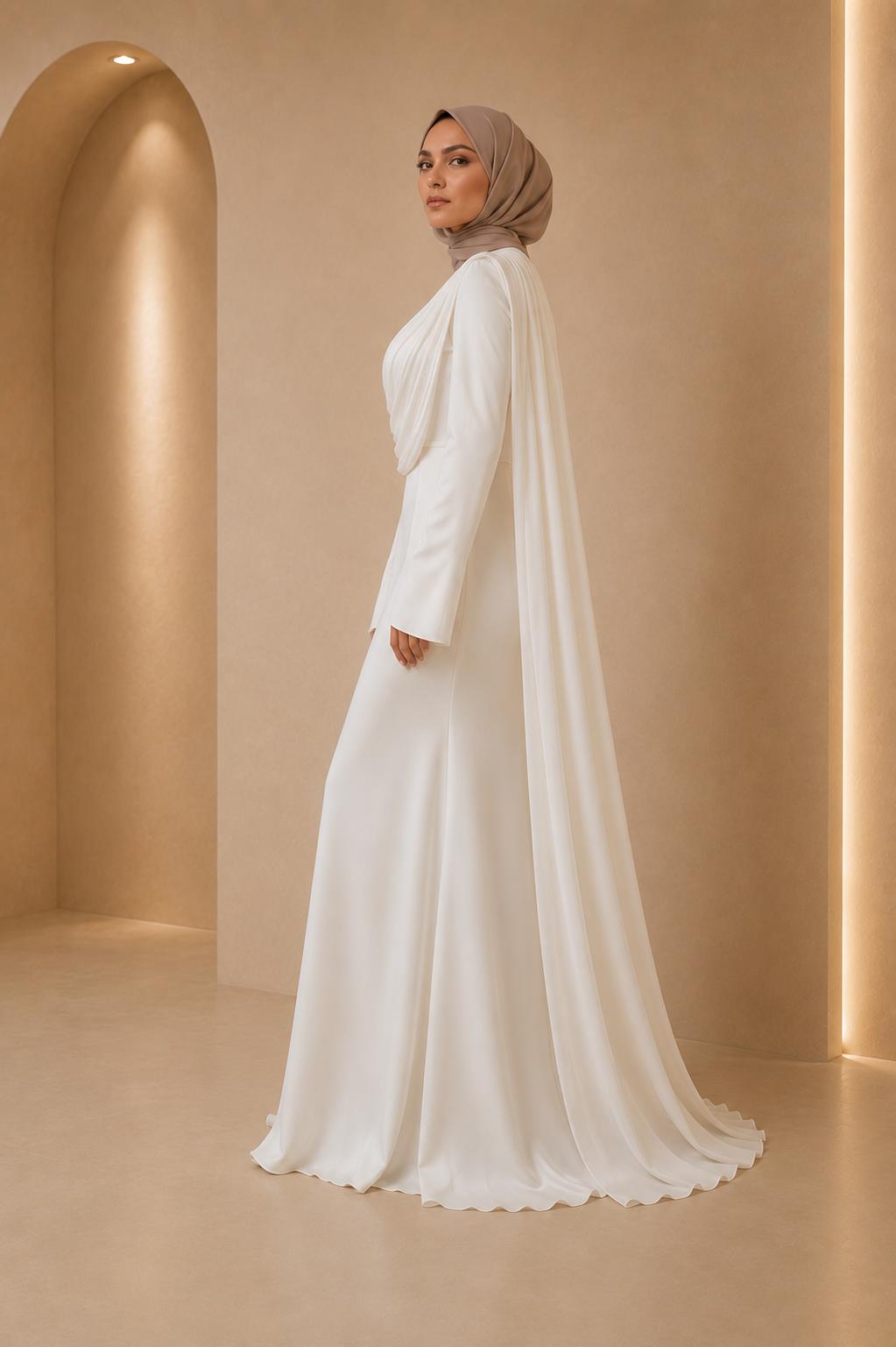 Nour | White Pleated Long Sleeve Modest Dress