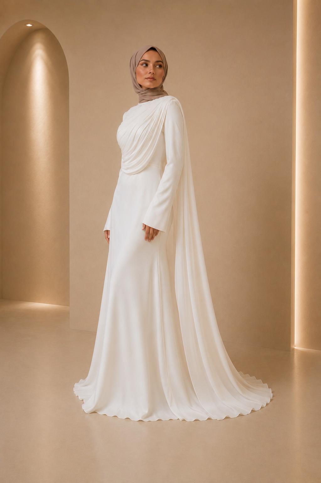Nour | White Pleated Long Sleeve Modest Dress