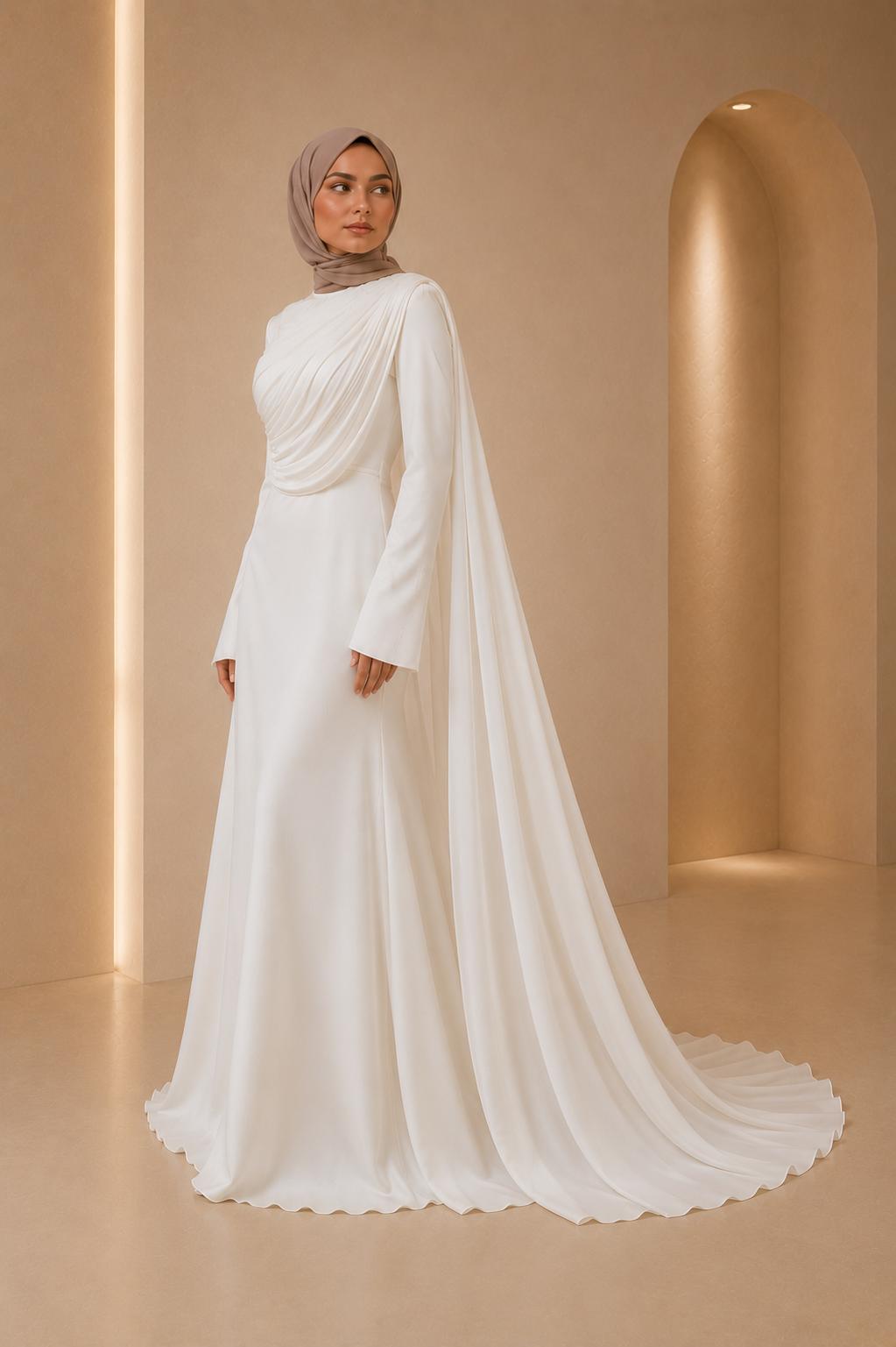Nour | White Pleated Long Sleeve Modest Dress