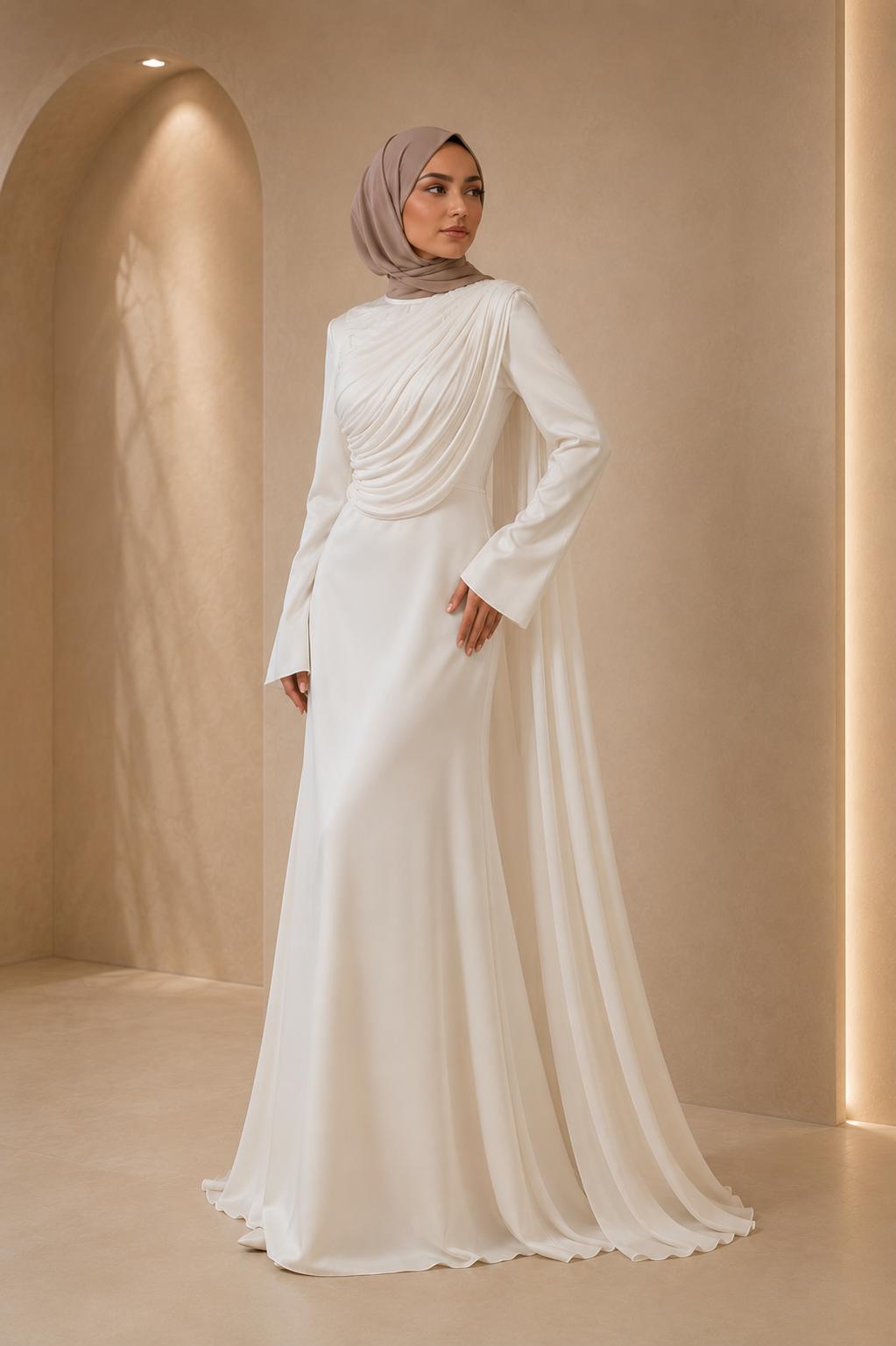 Nour | White Pleated Long Sleeve Modest Dress
