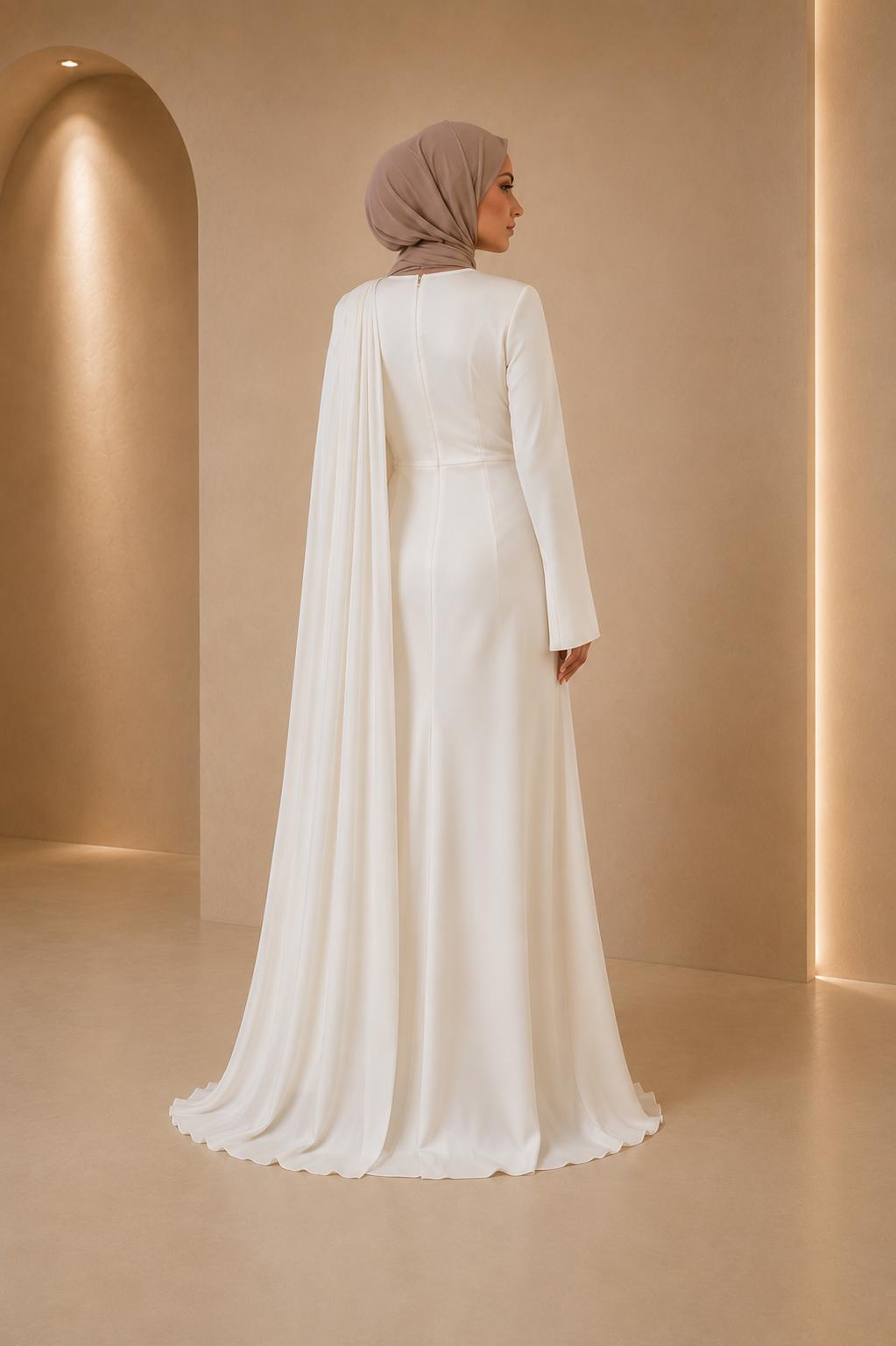 Nour | White Pleated Long Sleeve Modest Dress