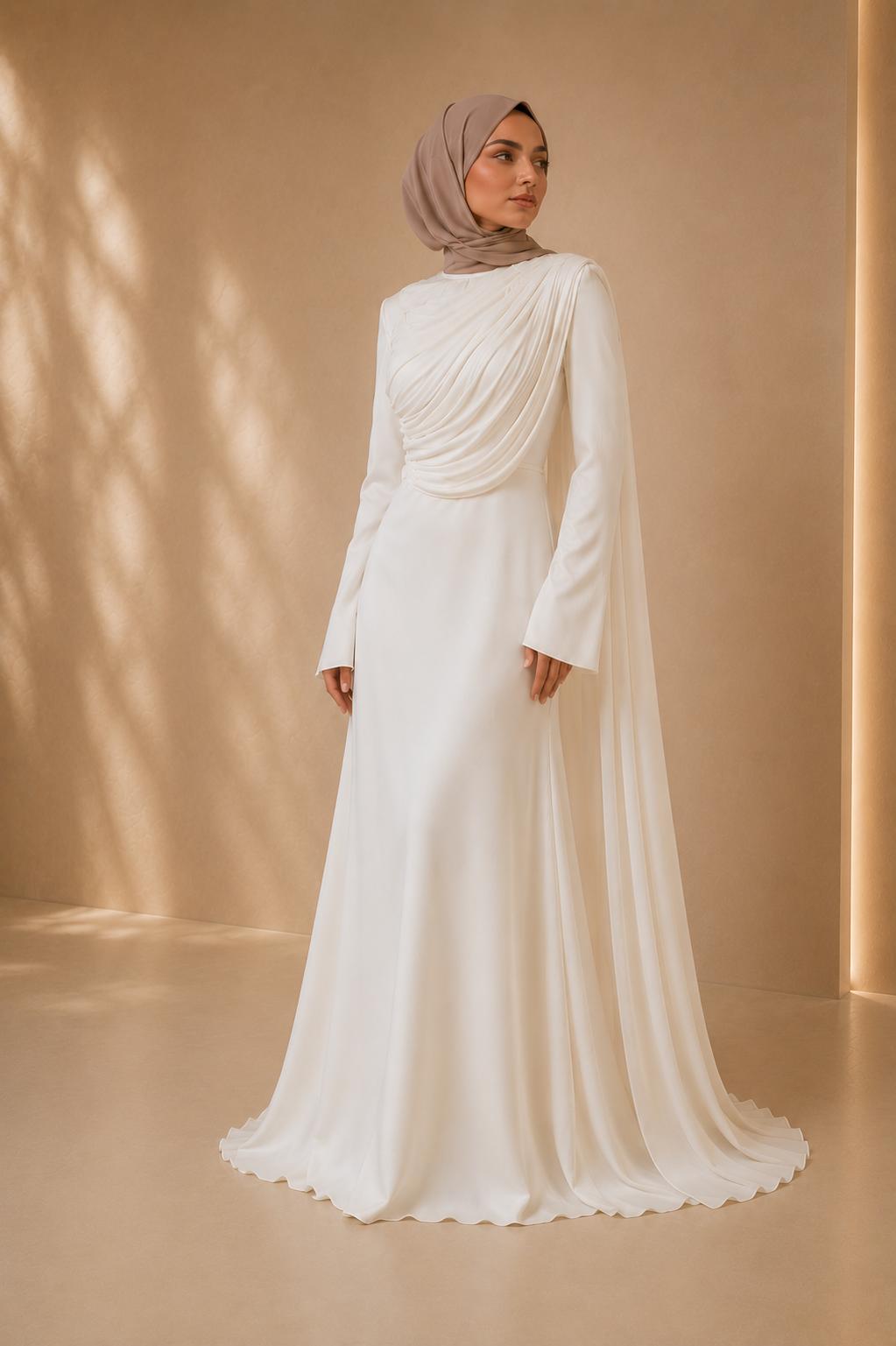 Nour | White Pleated Long Sleeve Modest Dress